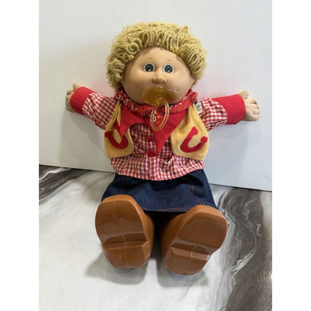 Vtg 1985 Cabbage Patch Kid Cowgirl Paci Face w/ Skirt Boots Pacifier Blue Sig 78